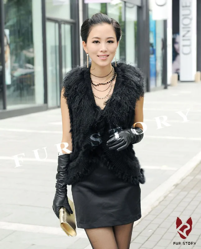 Natural Rabbit Fur Vest with Lamb Wool Fur Collar Hand Knit Vest Coat Jacket Shawl 6colors