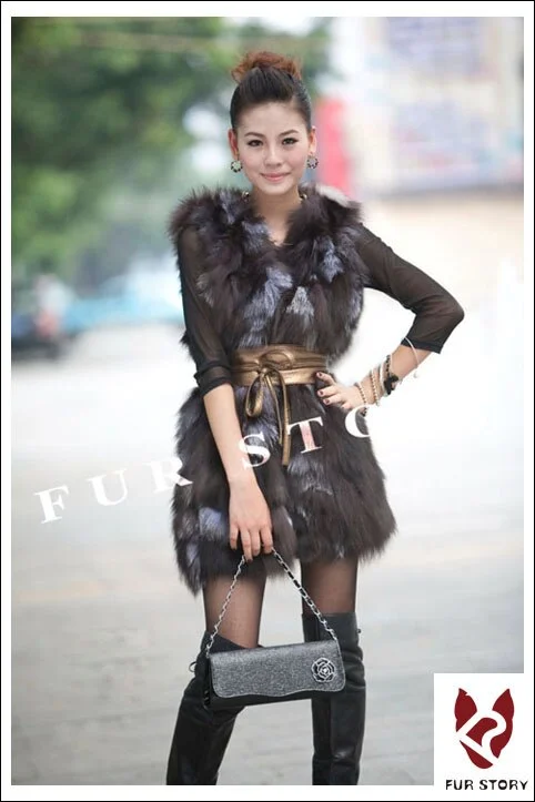 Silver Fox Fur Vest Waistcoat Coat Jacket Ladies' Garment Long Version Nature Color