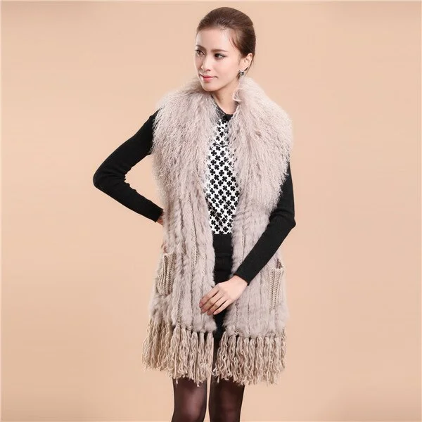 Natural Knitted Rabbit Fur Vestmongolian Lamb Fur Collar Long Vest