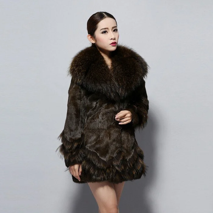 Natural Rabbit Fur Coat Supper Big Raccoon Fur Collar Women Overcoat Winter Outwear