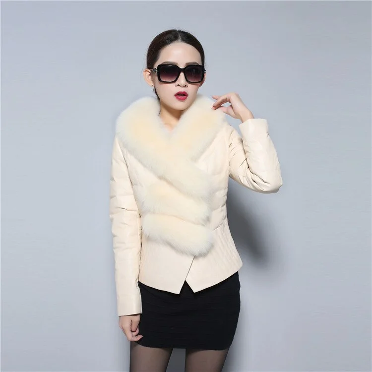 Genuine Sheep Leather Down Jacket Fox Fur Collar Thick Jacket Winter Overcoat