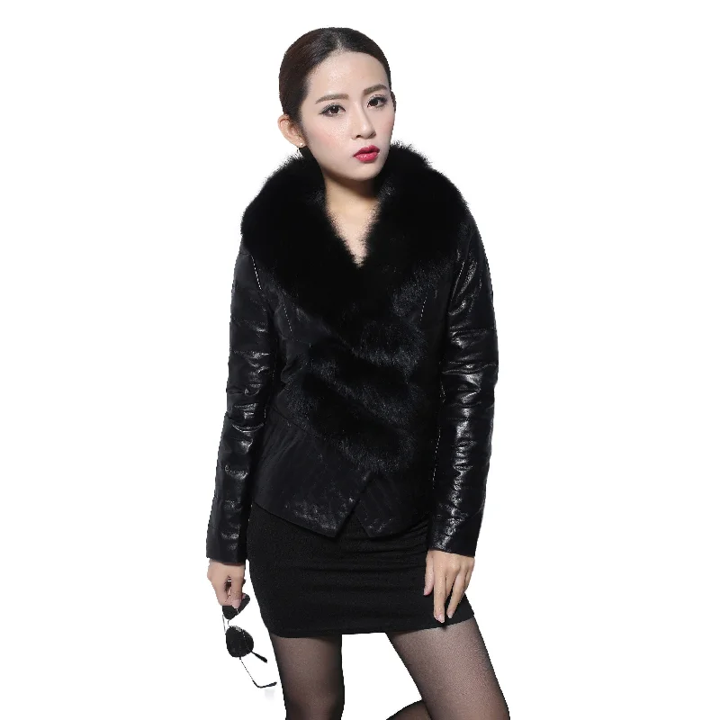 Genuine Sheep Leather Down Jacket Fox Fur Collar Thick Jacket Winter Overcoat