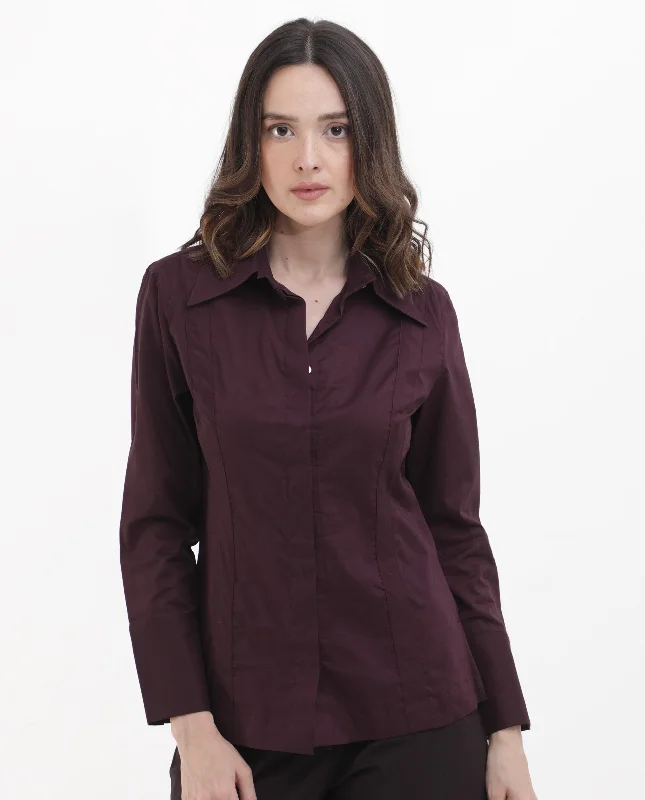 Rareism Women'S Arthur Dark Purple Cotton Fabric Collared Neck Solid Regular Fit Shirt