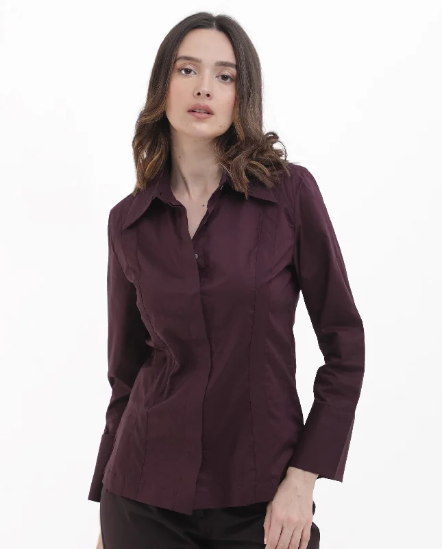 Rareism Women'S Arthur Dark Purple Cotton Fabric Collared Neck Solid Regular Fit Shirt