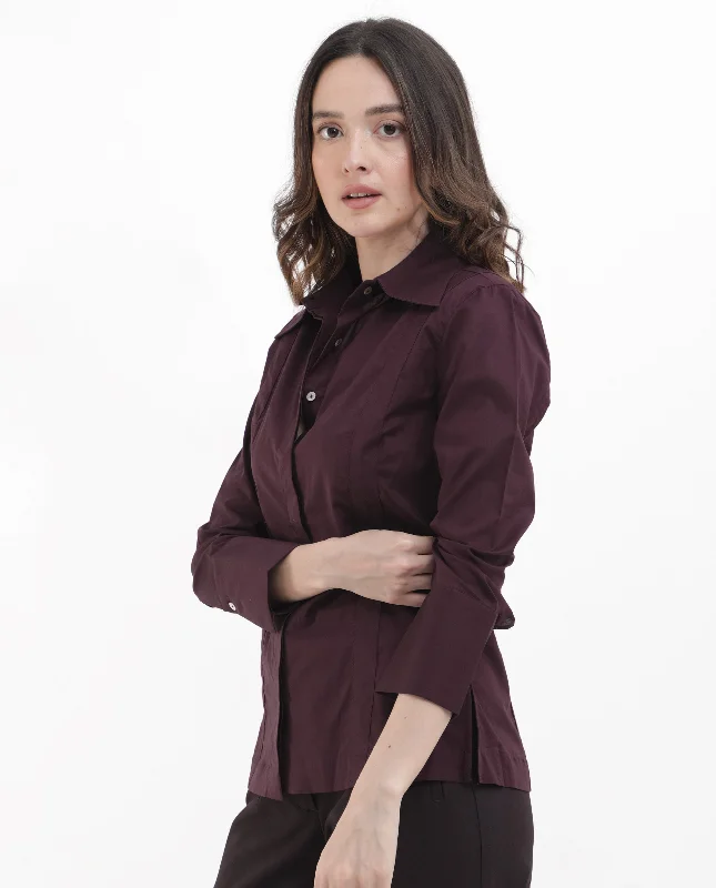 Rareism Women'S Arthur Dark Purple Cotton Fabric Collared Neck Solid Regular Fit Shirt