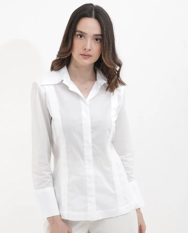 Rareism Women'S Arthur White Cotton Fabric Collared Neck Solid Regular Fit Shirt