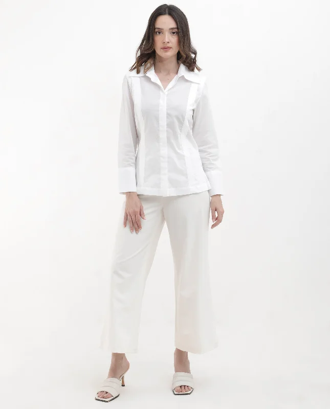 Rareism Women'S Arthur White Cotton Fabric Collared Neck Solid Regular Fit Shirt