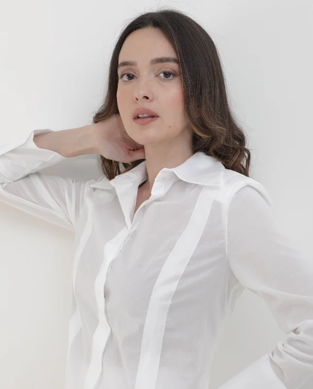 Rareism Women'S Arthur White Cotton Fabric Collared Neck Solid Regular Fit Shirt