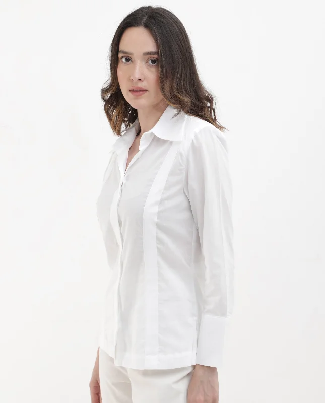 Rareism Women'S Arthur White Cotton Fabric Collared Neck Solid Regular Fit Shirt