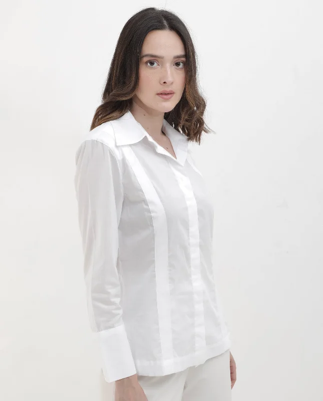 Rareism Women'S Arthur White Cotton Fabric Collared Neck Solid Regular Fit Shirt