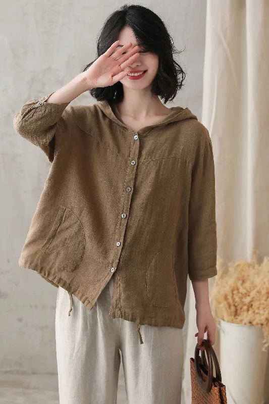 Brown Hooded Linen Tops 2736