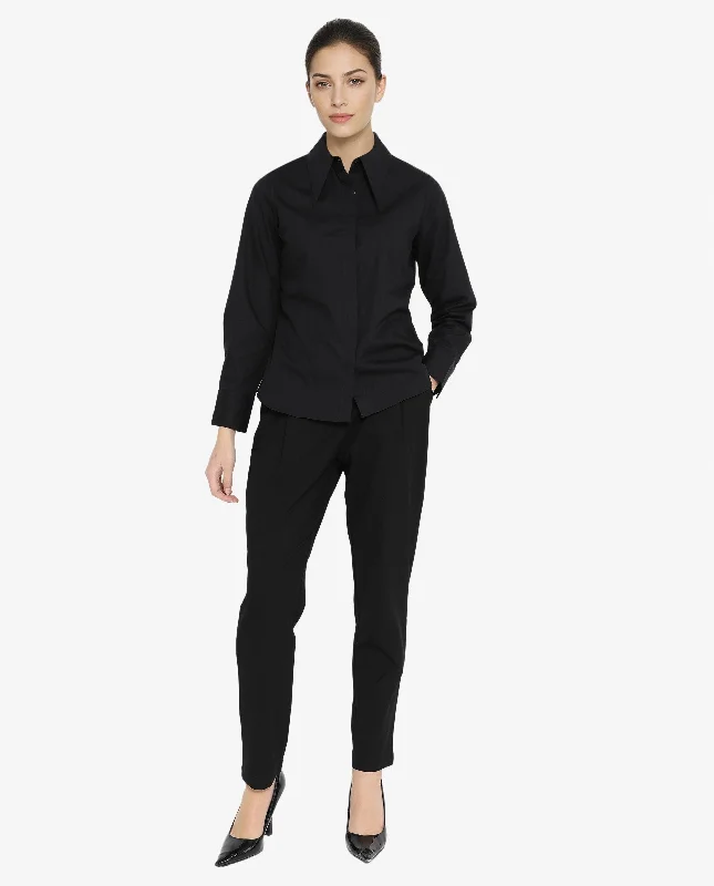 Rareism Women'S Ceos Black Cuffed Sleeve Collared Neck Plain Shirt