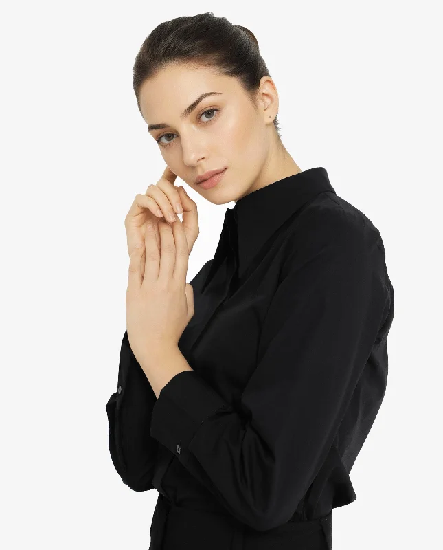 Rareism Women'S Ceos Black Cuffed Sleeve Collared Neck Plain Shirt