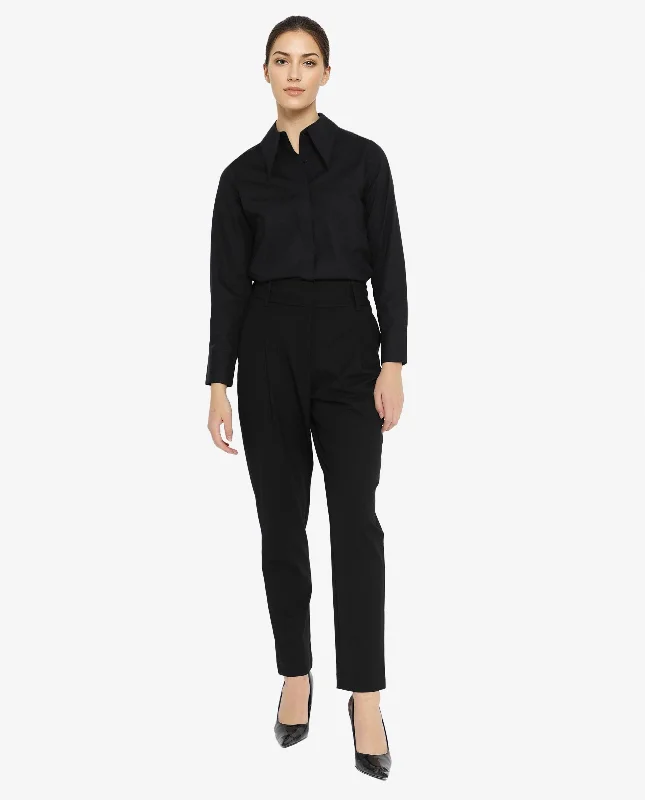 Rareism Women'S Ceos Black Cuffed Sleeve Collared Neck Plain Shirt