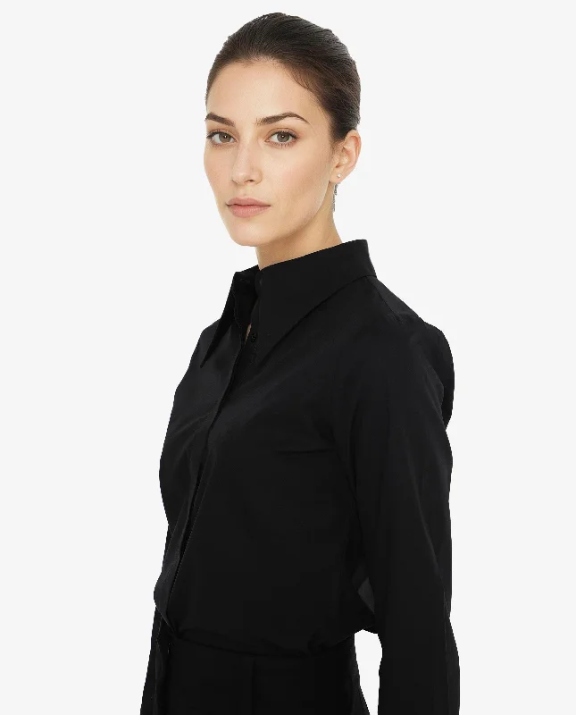 Rareism Women'S Ceos Black Cuffed Sleeve Collared Neck Plain Shirt