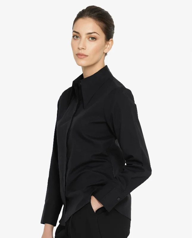 Rareism Women'S Ceos Black Cuffed Sleeve Collared Neck Plain Shirt