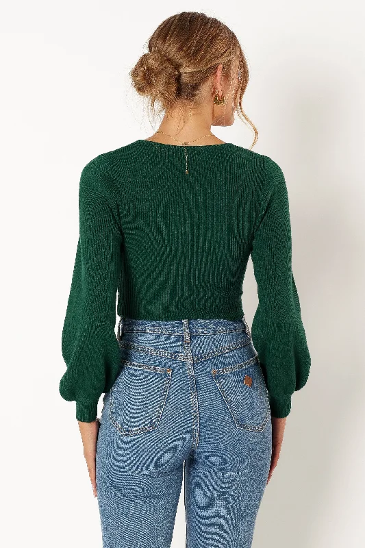 Daphne Crewneck Bubble Sleeve Knit Sweater - Dark Green