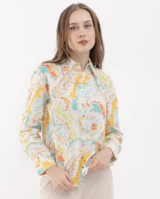 Rareism Women'S Egor Fluorescent Multi Cotton Fabric Full Sleeves Button Closure Collar Regular Fit Paisley Print Shirt