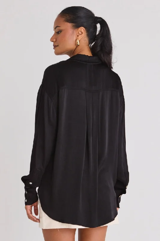 Elation Black Viscose Satin Oversized Shirt