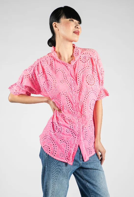 Embroidered Tie Hem Blouse in Bright Pink