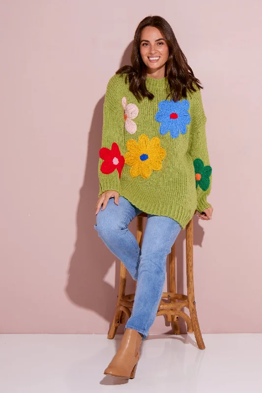 Flower Power Knit Jumper - Green Floral