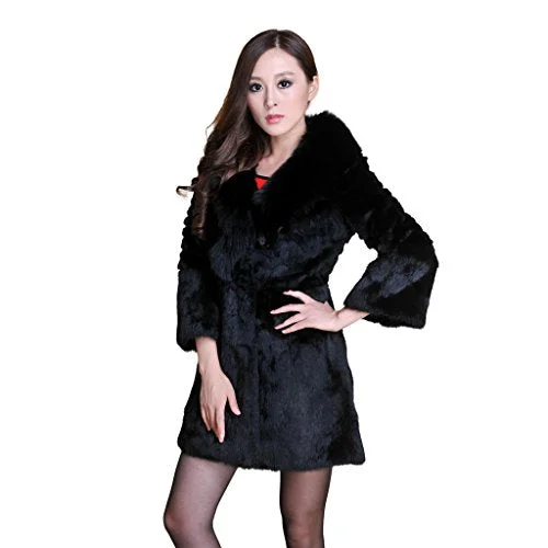 Women's Long Real Rabbit Fur Coat with Fox Fur Collor Fur Story FS13070