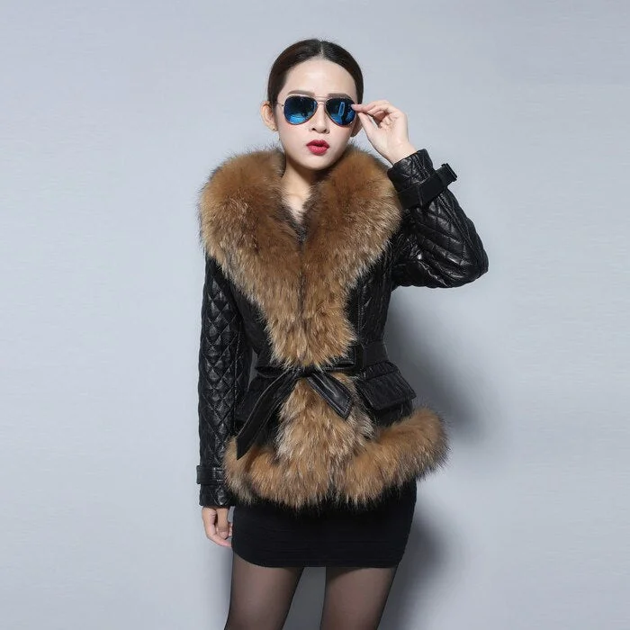 Genuine Leather Coat Jacket Real Fox Fur Collar Trim Thick Jacket Winter Overcoat Garment