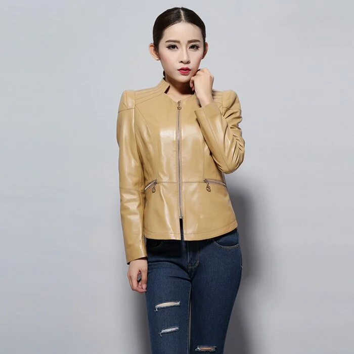 Genuine Sheep Leather Jacket Women's Leather Motorcycle Jacket