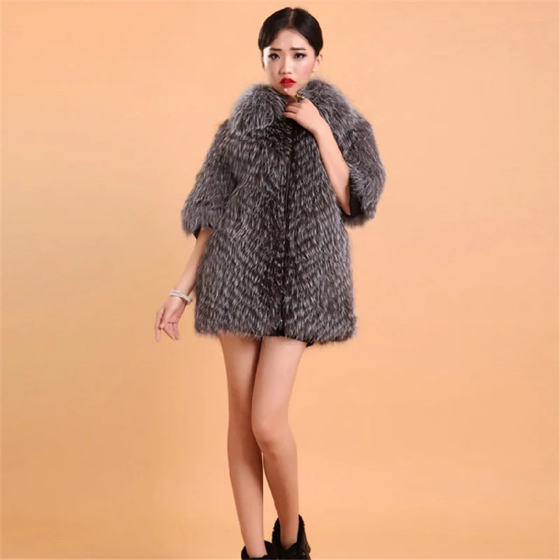 Women's Silver Fox Fur Coats with Fur Collar Puff Overcoat Winter Jackets Female Dress