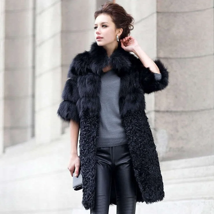 Natural Fox Fur Coat with Wool Free Shipping Plus Size Overcoat Winter Coat Women