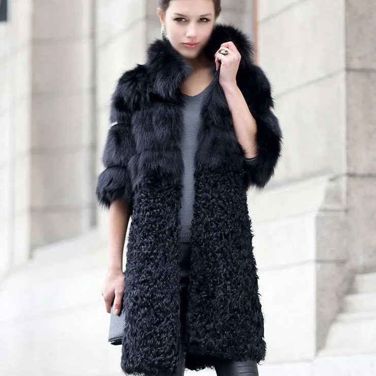 Natural Fox Fur Coat with Wool Free Shipping Plus Size Overcoat Winter Coat Women