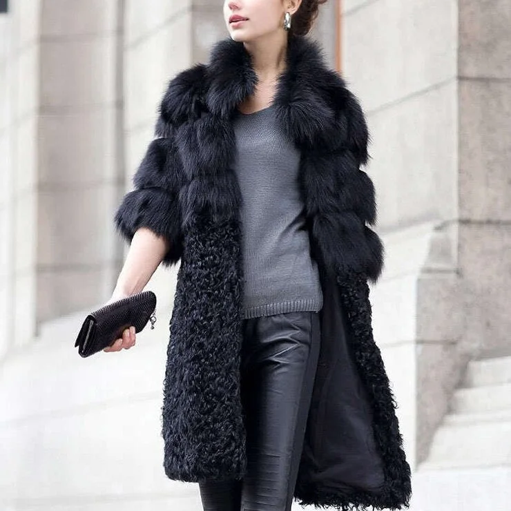 Natural Fox Fur Coat with Wool Free Shipping Plus Size Overcoat Winter Coat Women