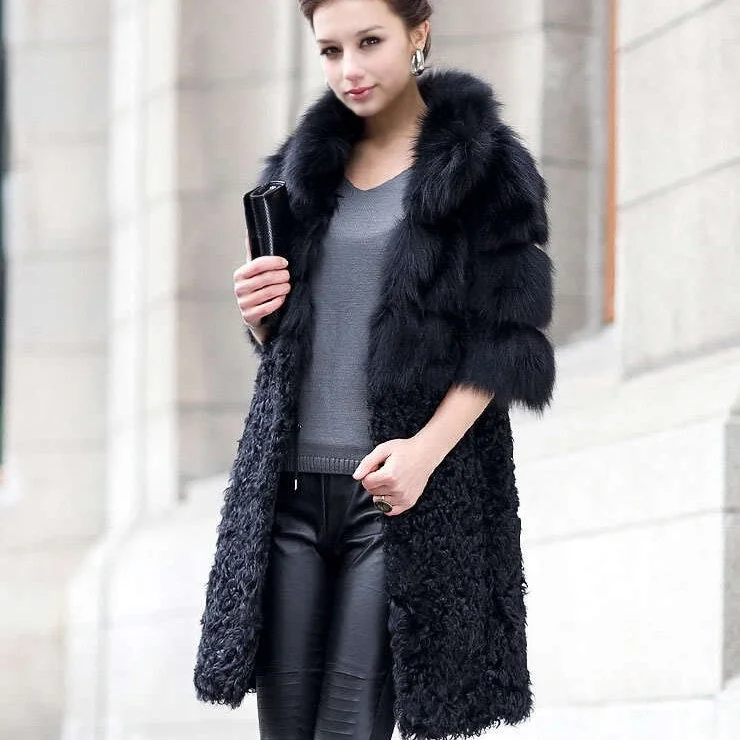 Natural Fox Fur Coat with Wool Free Shipping Plus Size Overcoat Winter Coat Women