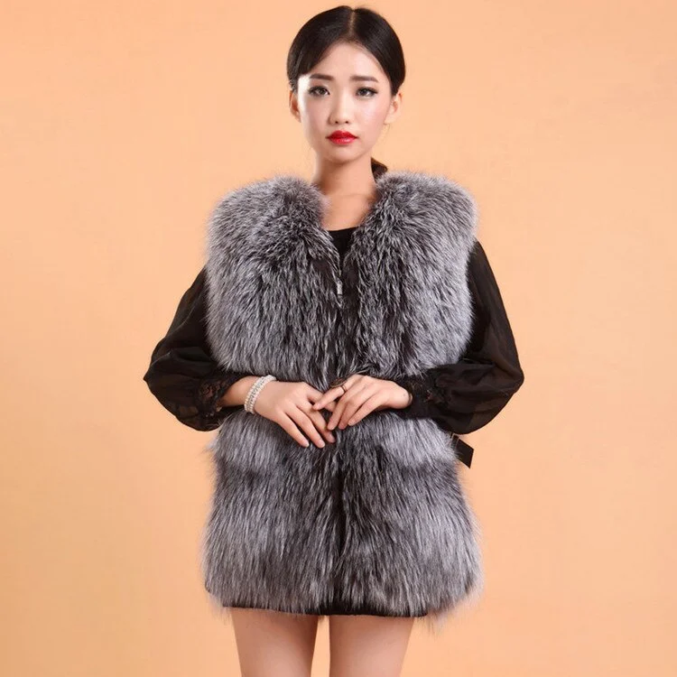 Natural Silver Fox Fur Vest Lamb Leather Luxury Fur Waistcoat Jacket