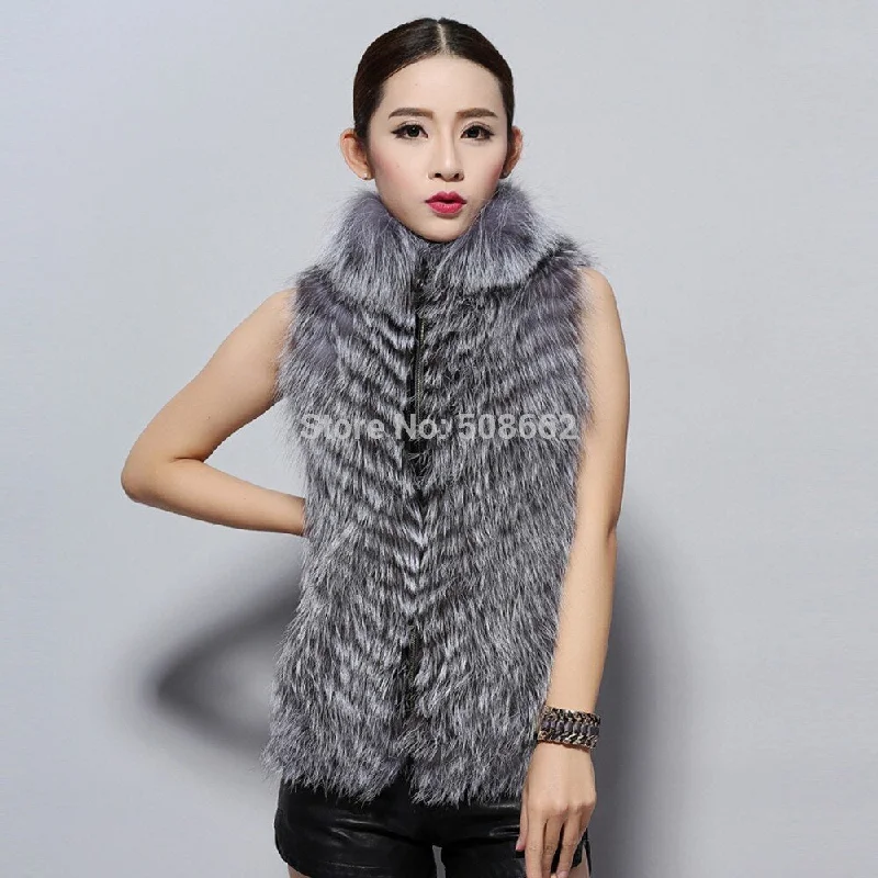 Natural Fox Fur Vest Fashion Warm Outerwear Sleeveless Women Short Jacket