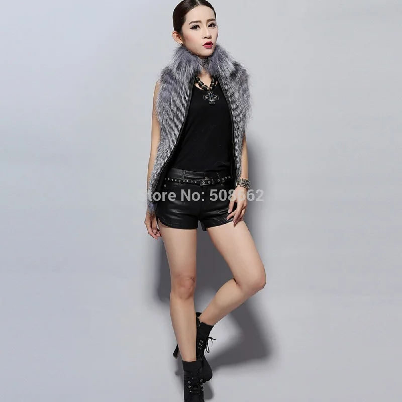 Natural Fox Fur Vest Fashion Warm Outerwear Sleeveless Women Short Jacket