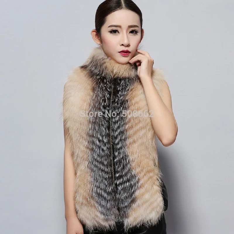 Natural Fox Fur Vest Fashion Warm Outerwear Sleeveless Women Short Jacket