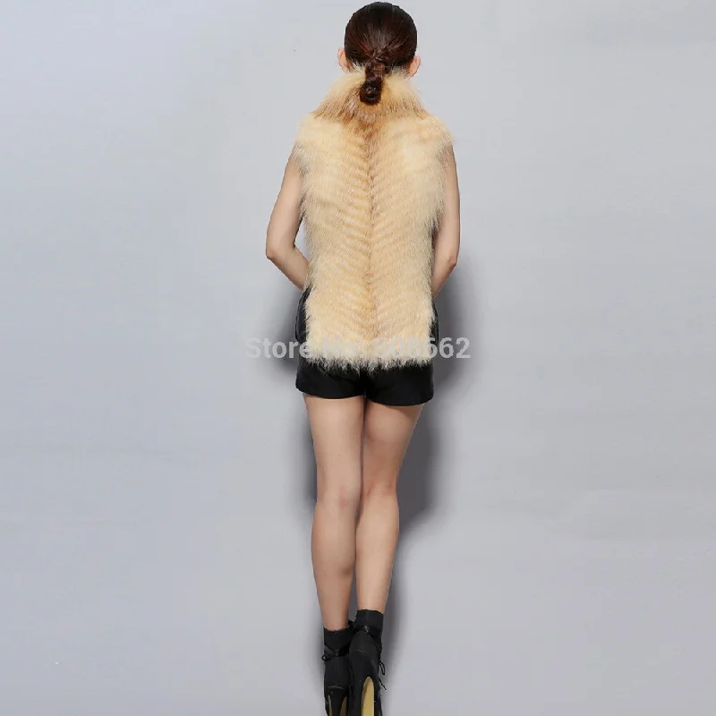 Natural Fox Fur Vest Fashion Warm Outerwear Sleeveless Women Short Jacket