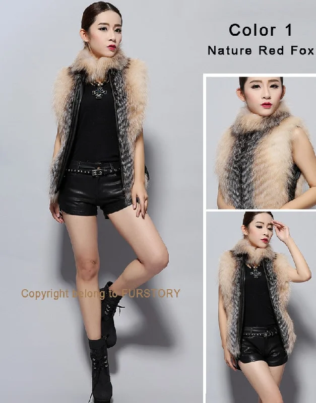 Natural Fox Fur Vest Fashion Warm Outerwear Sleeveless Women Short Jacket