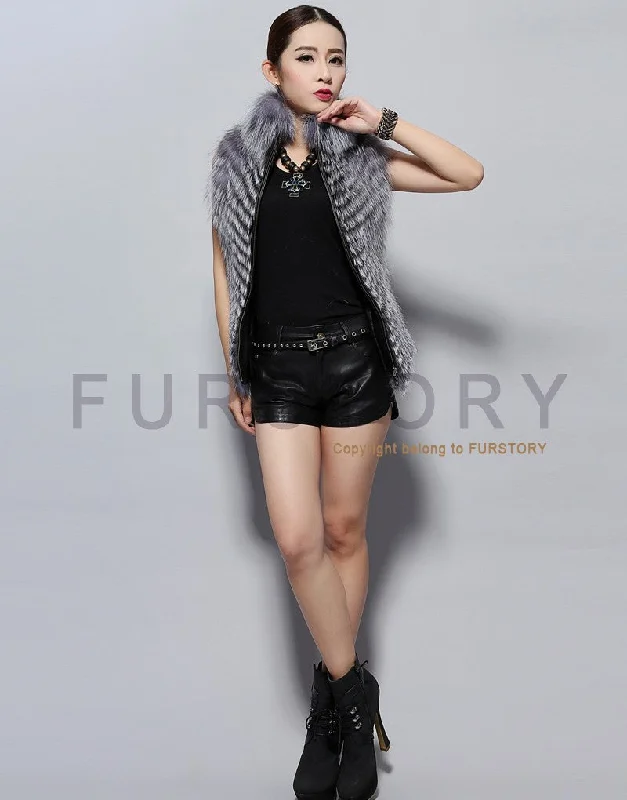 Natural Fox Fur Vest Fashion Warm Outerwear Sleeveless Women Short Jacket