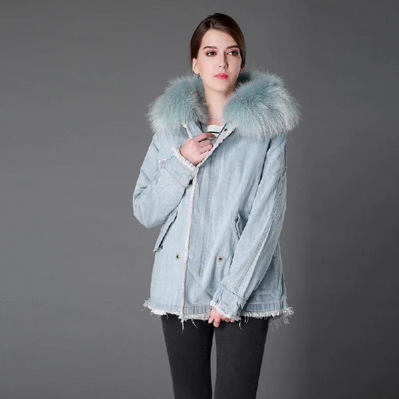 Women Winter Real Fox Fur Lining Jacket Big Raccoon Fur Hoodie Cotton Coat 161189