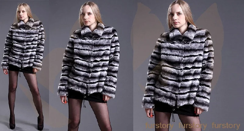 FS16119 Real Rex Rabbit Fur Coat Chinchilla Color Turn-down Collar Women's Natural Fur Jacket Fur Story