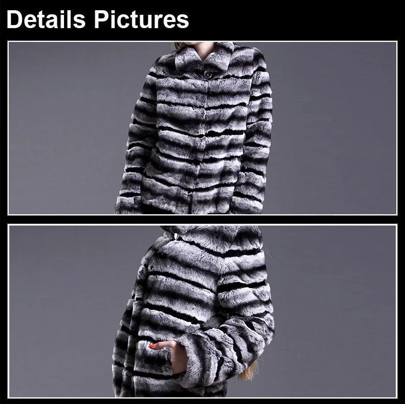 FS16119 Real Rex Rabbit Fur Coat Chinchilla Color Turn-down Collar Women's Natural Fur Jacket Fur Story