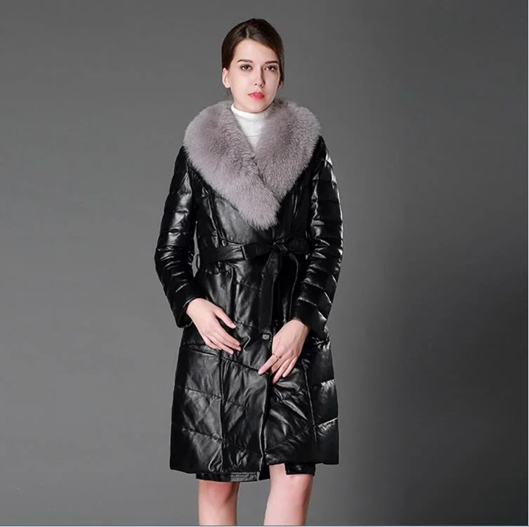 Women's Genuine Leather Coat with Fox Fur collar Down Stuffing Leather Coat 161194