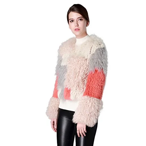 Fur Story 161198 Women's Short Real Mongolian Lamb Fur Coat Contrast Color