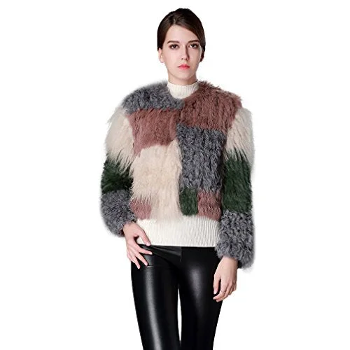 Fur Story 161198 Women's Short Real Mongolian Lamb Fur Coat Contrast Color