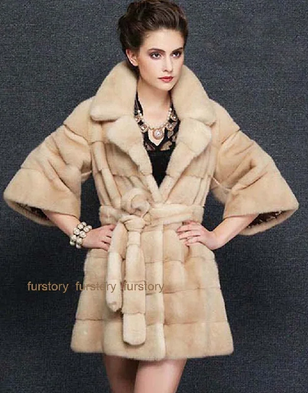 Women's Genuine Mink Fur Coat Women With Suit Collar Warm Long Overcoat  16047