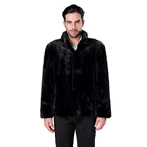 fur story Men's Genuine Mink Fur Coat Thick Warm Coat Full Sleeve Stand up Collar (Black)