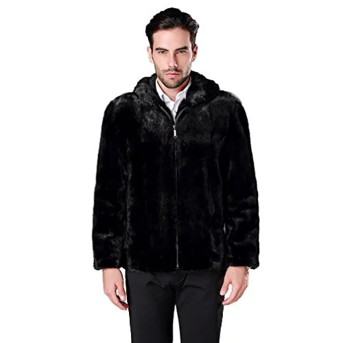 fur story Men's Genuine Mink Fur Coat Thick Warm Coat Full Sleeve Turn Down Collar (Black)