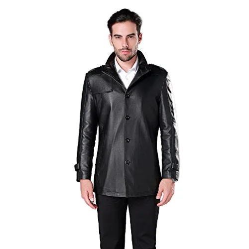 Fur Story Men's Genuine Sheep Leather Coat Jacket Full Sleeve Stand up Collar (Black)